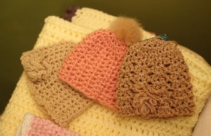 Hand-crocheted hats at Pear Tree Gifts in Dover.