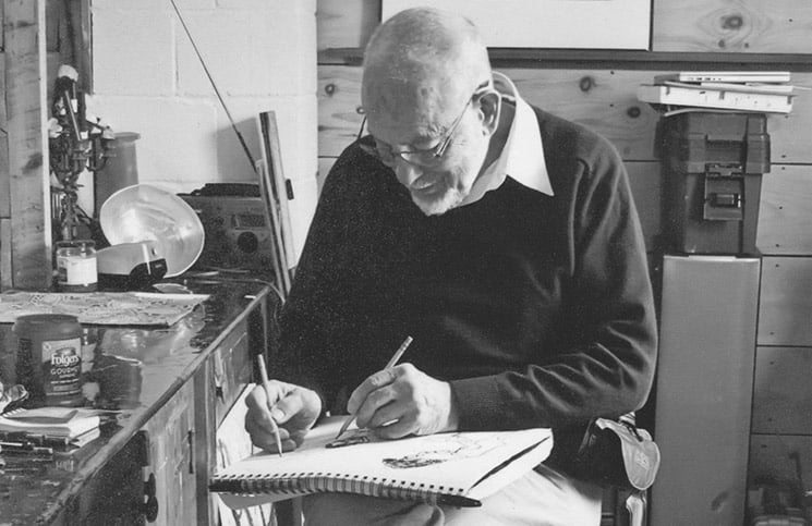  Ambidextrous artist Bob Nilson drawing with both hands in his studio. photo by Brad Maushart