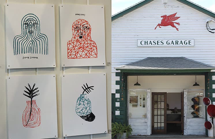 Dylan Haigh's prints and the storefront of Chases Garage in York, Maine.