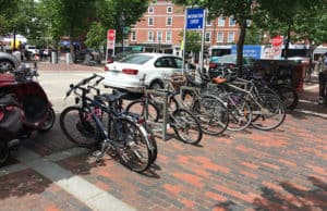 Bicycles lined up in Market Square in Portsmouth, NH.